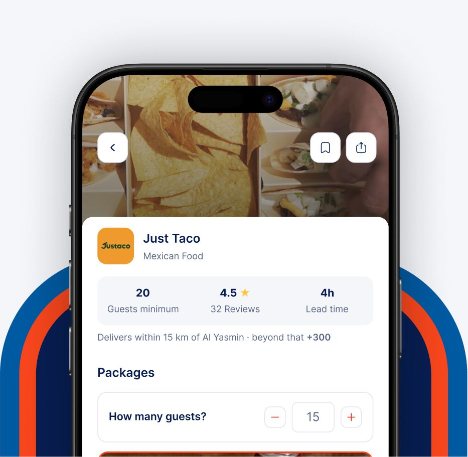 The Let’s Cater app on a phone: Just Taco’s page with a 20-guest minimum, 4.5 stars from 32 reviews, a 4-hour lead time and a guest-count picker